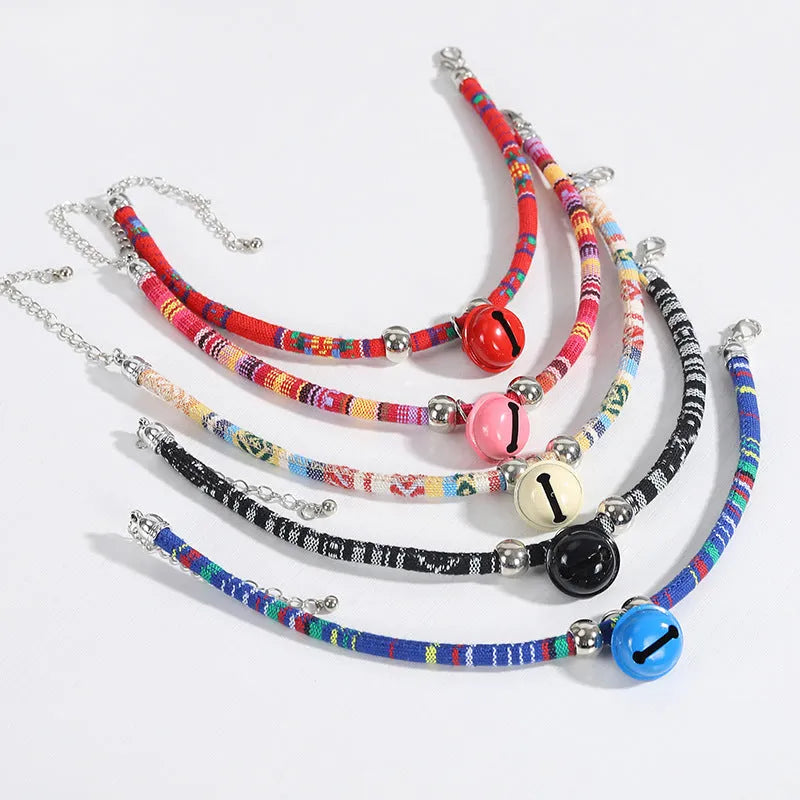 Ethnic pattern adjustable pet collar with bell in multiple colours for dogs cats puppies