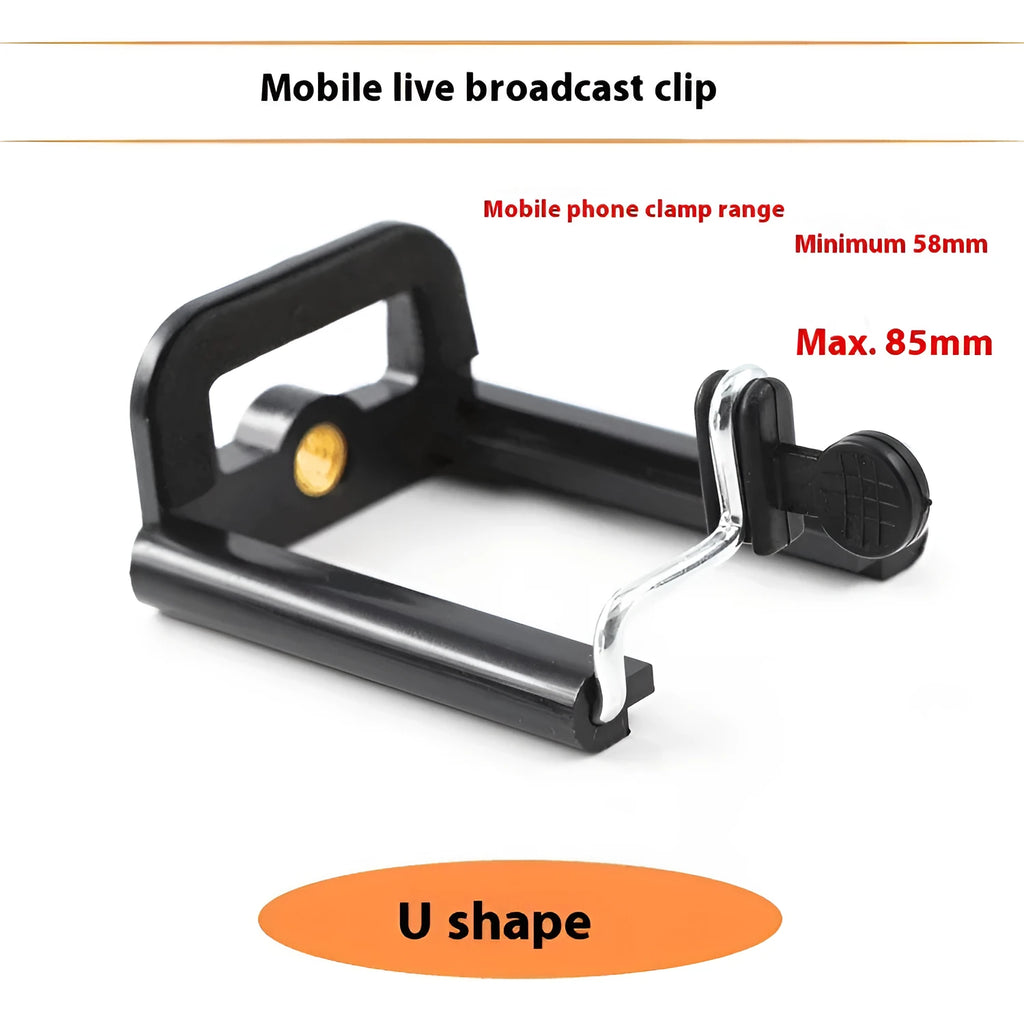 Black plastic U mobile phone clip hose bracket showing universal phone holder attached to cylindrical object