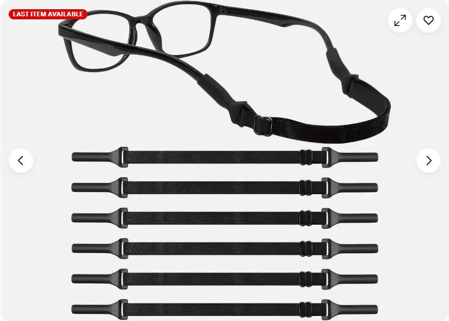 Black adjustable glasses retention cord with silicone end pieces shown in adult and children's sizing variants