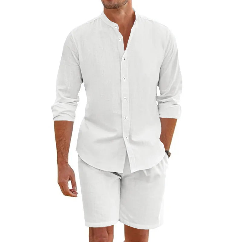 Men's dark grey short sleeve shirt and matching drawstring shorts summer suit set