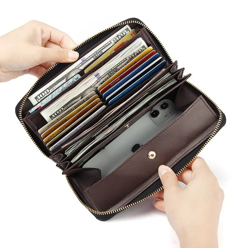 Genuine leather long wallet for women in six colour options showing bifold design and card compartments