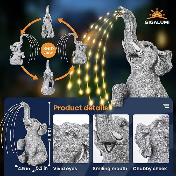 Elephant resin garden sculpture with integrated LED lighting, suitable for outdoor or indoor decorative use