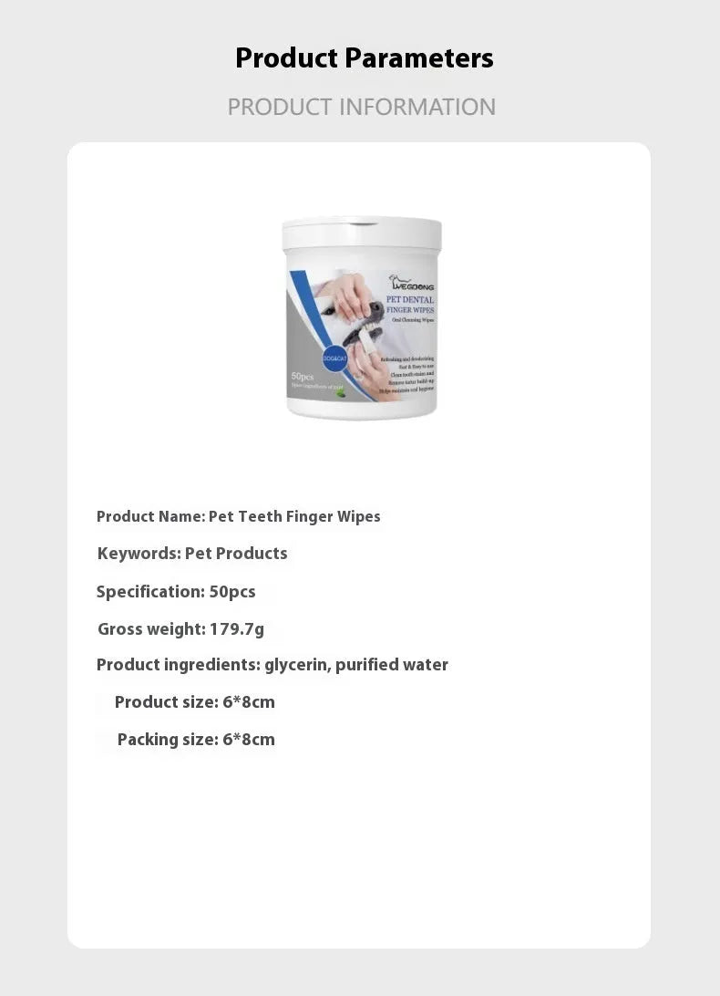 Canister containing 50 disposable finger stall wipes for dog teeth cleaning and oral care