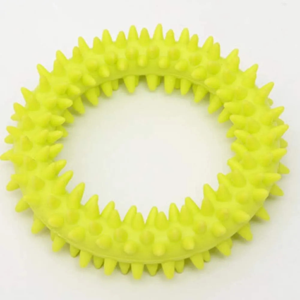 9.5cm diameter TPR dog chew toy with spiked dental cleaning nubs in multiple colours