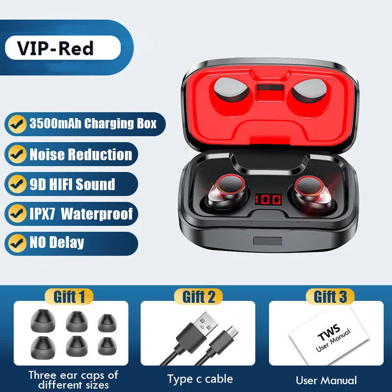 Black wireless Bluetooth earpieces with their plastic charging case on a table