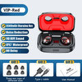Black wireless Bluetooth earpieces with their plastic charging case on a table