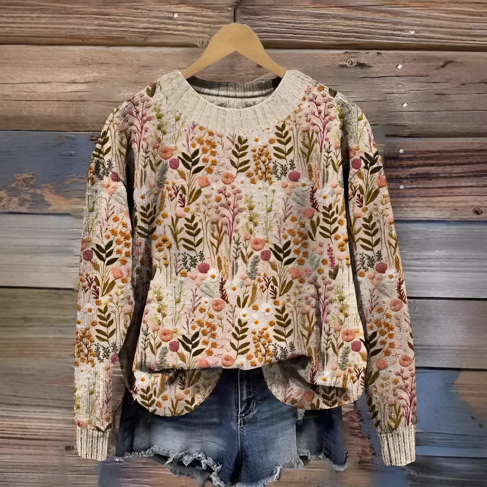 Round neck sweater with a small floral digital print pattern on the front.