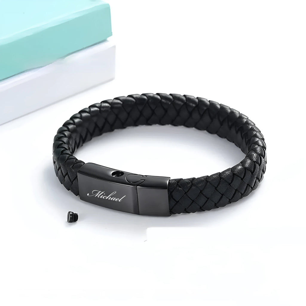 Black leather and stainless steel woven casket bracelet with engraved English letters