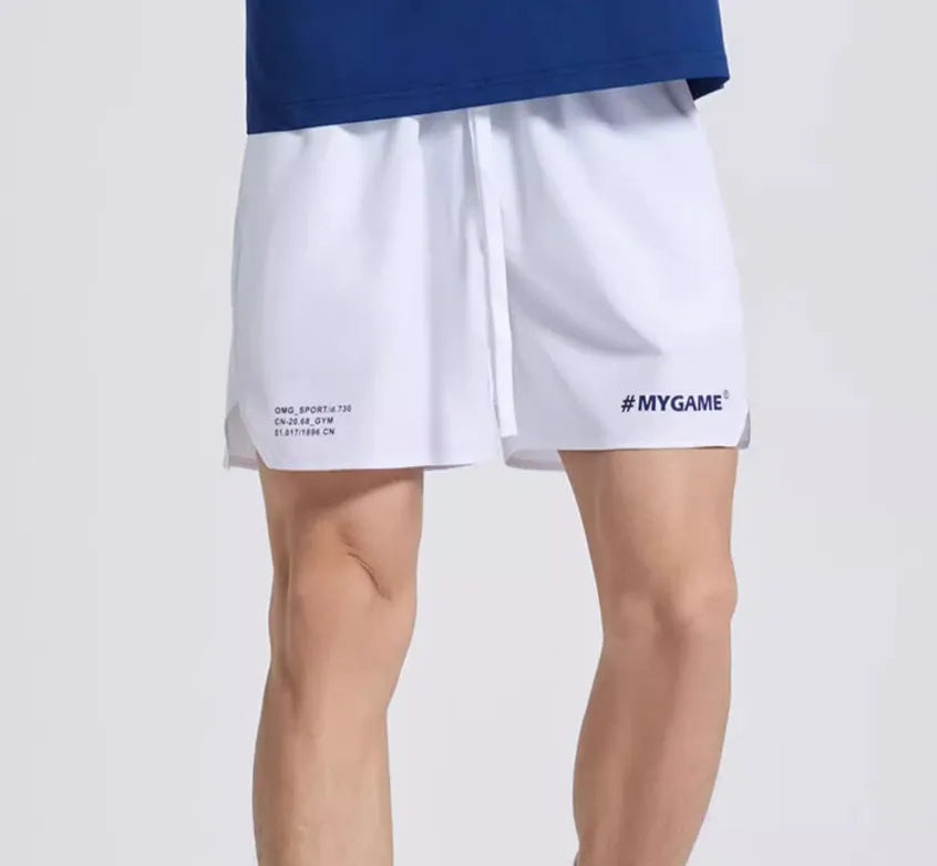 Men's blue training shorts with moisture-wicking fabric, shown from the side.