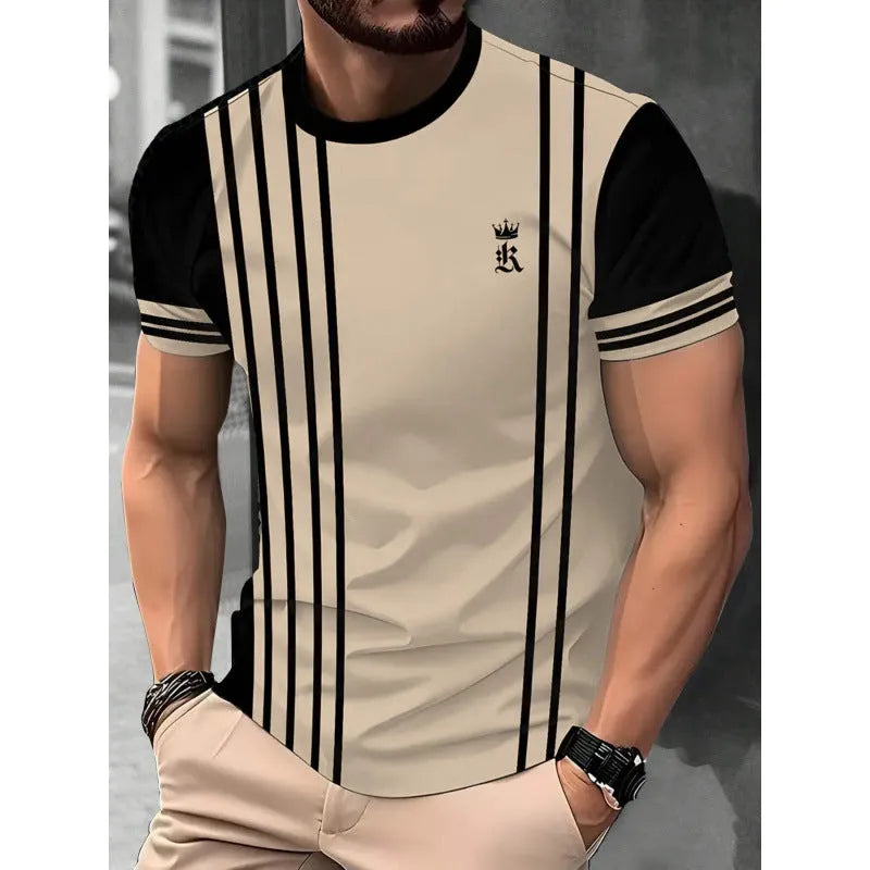 Men's striped digital 3D printed t-shirt in loose fit casual style with short sleeves