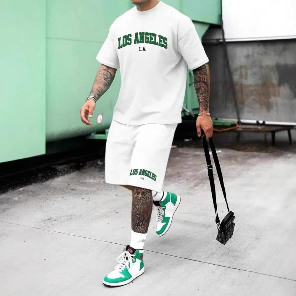 Men's short sleeve top and shorts set with 3D printed letter design in a sports leisure style.