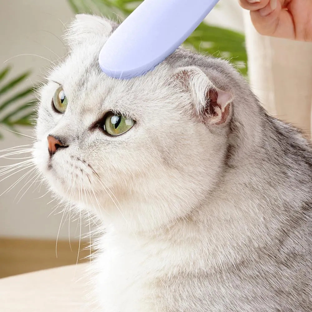 Grey ABS plastic cat comb with tongue massager design showing narrow and wide ends for pet grooming