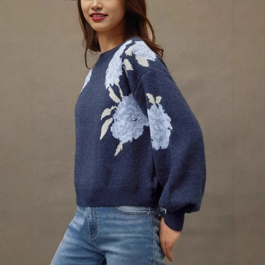 Sapphire blue women's pullover with flower jacquard pattern and off-neck design