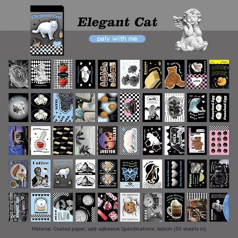 American retro cartoon sticker book with 50 adhesive 4x6cm sheets in six colour themes for journal decoration