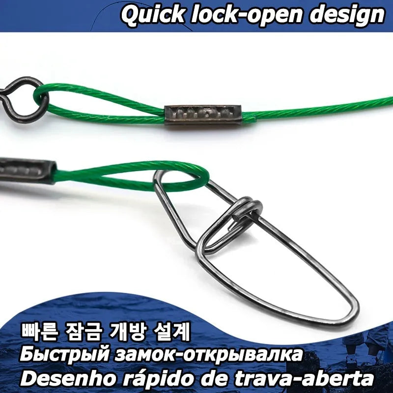 Ten green steel wire double buckle fishing leader pins laid out, each 54 cm long.