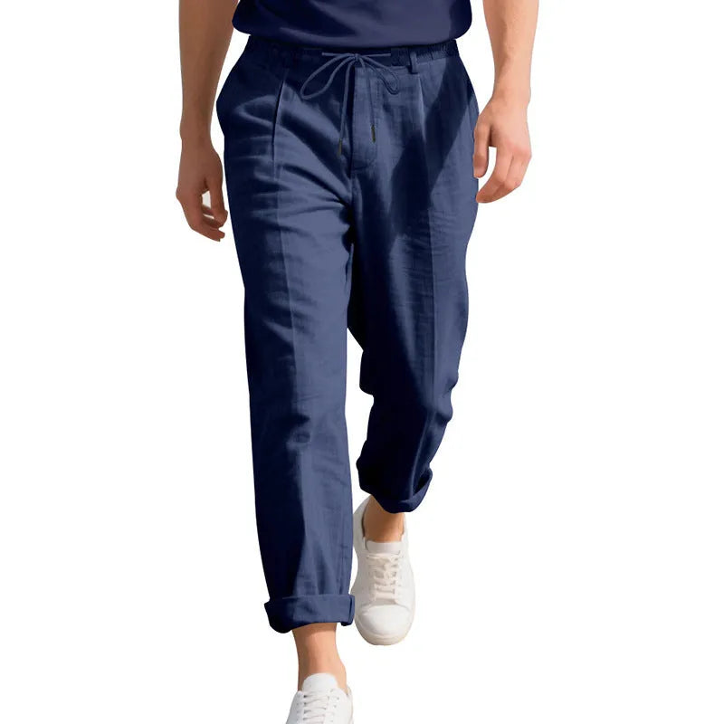Men's straight-leg linen trousers in army green with drawstring waistband