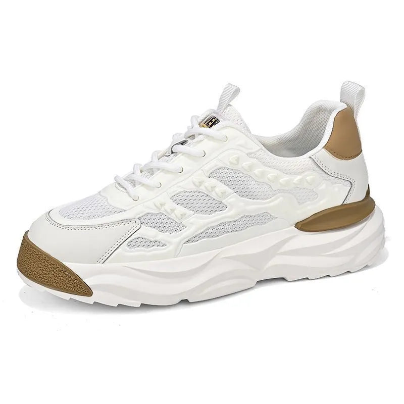 Men's solid colour breathable mesh shoes with round toe, shown in black and white.