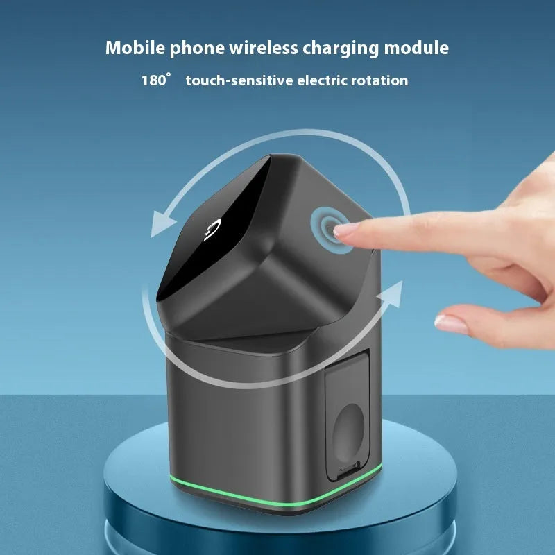 Black mobile phone magnetic wireless charging stand showing 180-degree rotation adjustment on a desk.