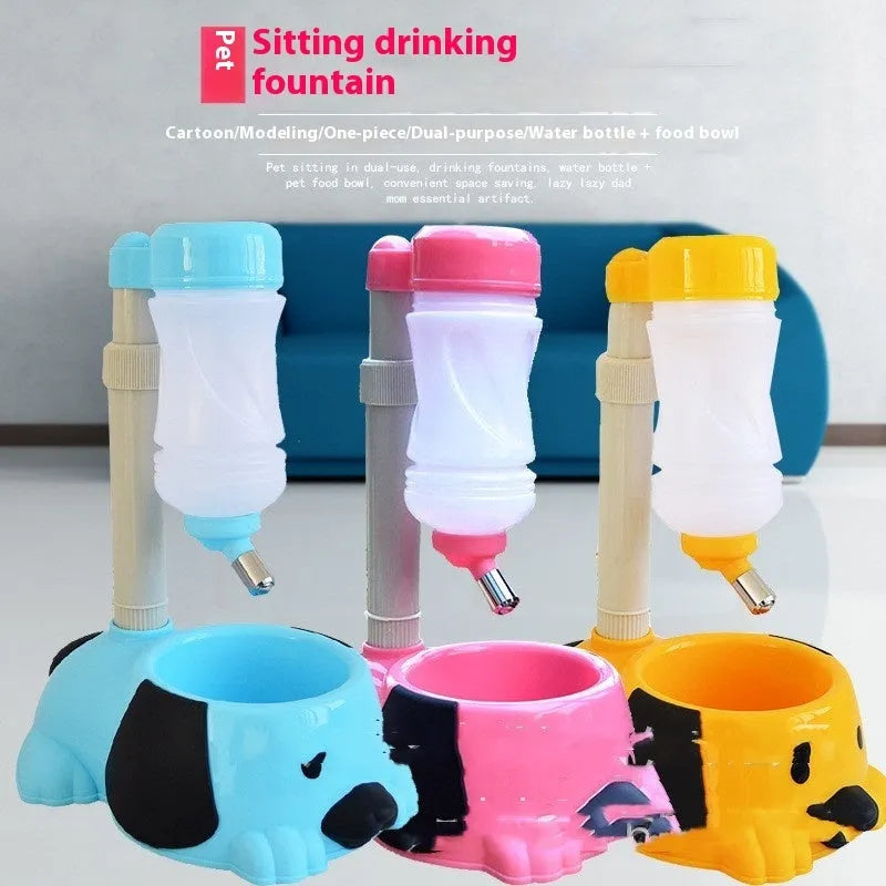Adjustable plastic pet drinking bowl with rod lifting mechanism in pink, blue or yellow colours