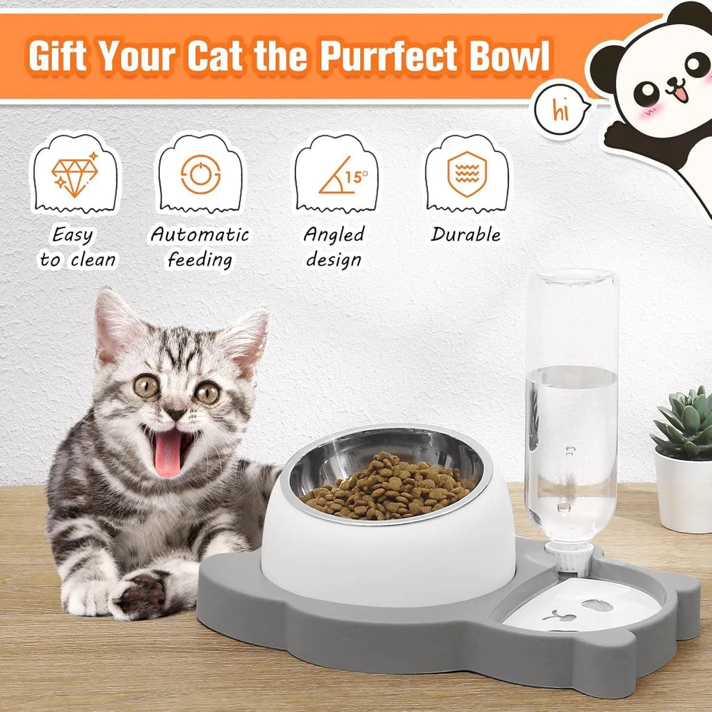 Grey and green panda-shaped automatic water dispenser and tilted pet food bowl set for cats and small dogs