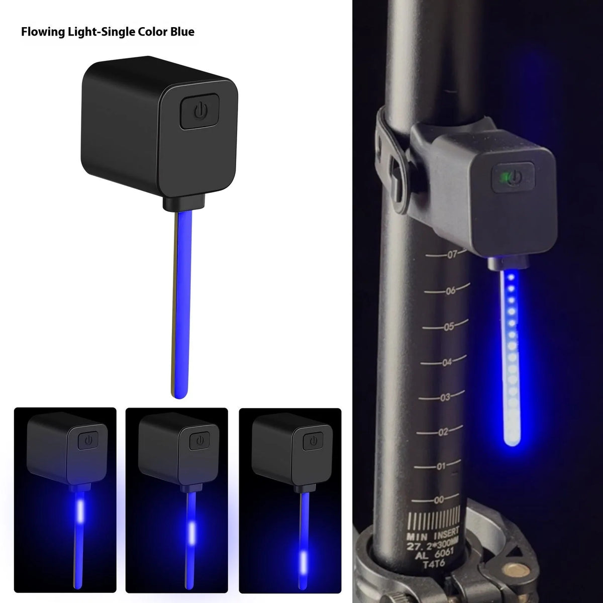 Bicycle taillight with running water LED light pattern mounted on bike seat tube for night riding safety