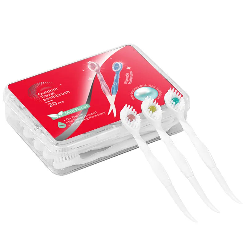 Box of 20 Bead disposable toothbrushes with integrated toothpaste in mint, peach, and plum green tea flavours.