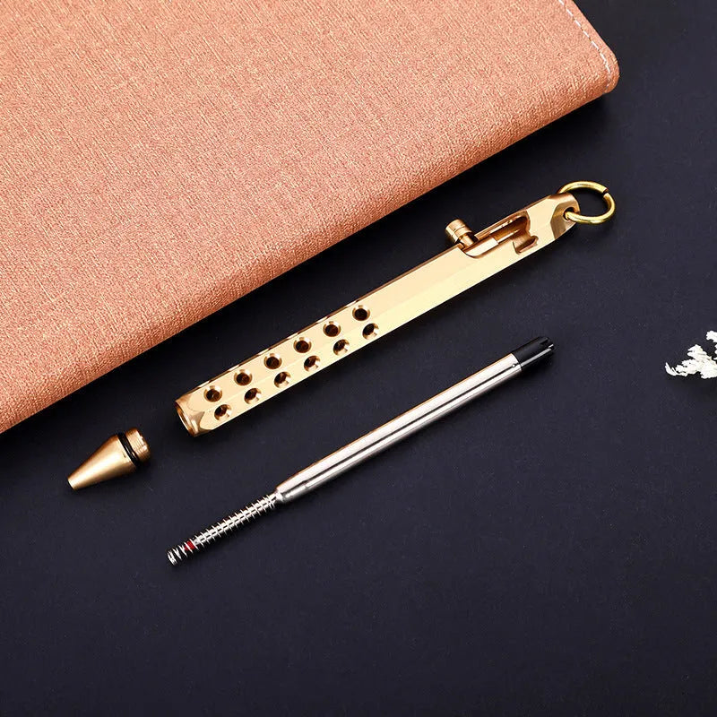 Brass hexagonal bolt roller pen showing six-angle construction with 0.5mm tip