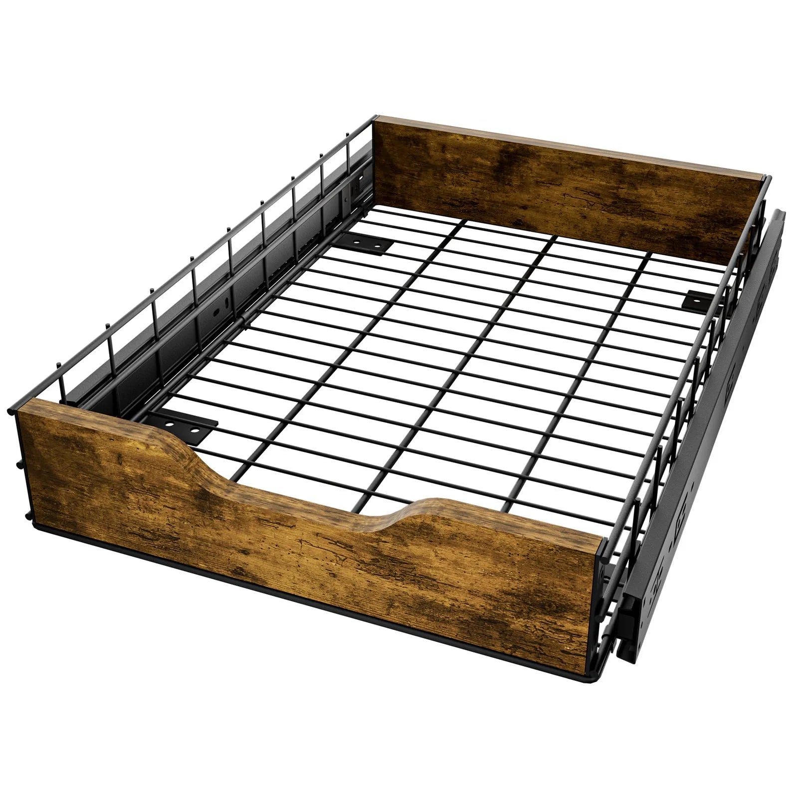 Black modern storage rack with pull basket design made from wood and iron.