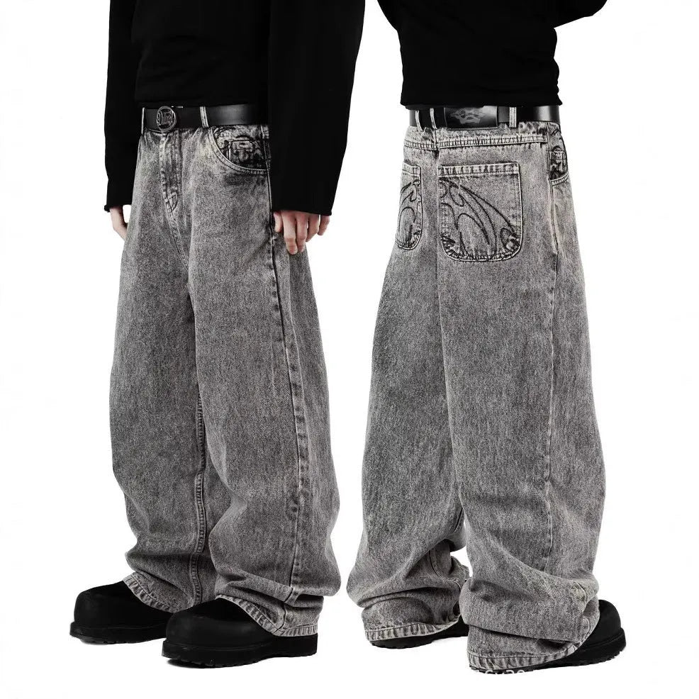 Gray loose straight-leg denim trousers for men and women with mid-waist fit