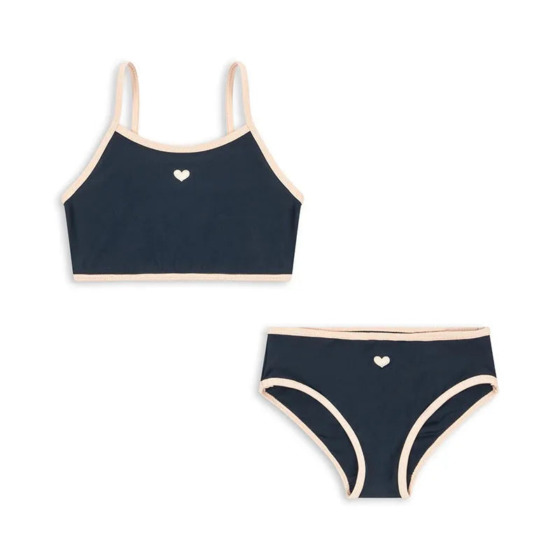 Dark blue split girl's swimsuit with briefs-style design for swimming and wading activities