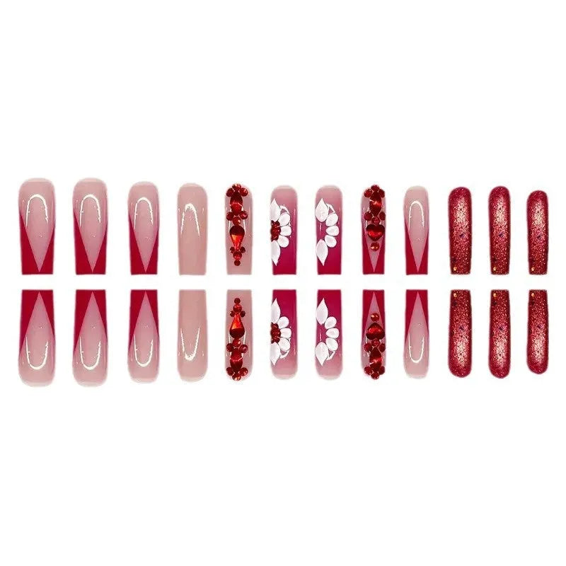 Sweet flower pattern fake nails with red diamond decorations in long European Square shape