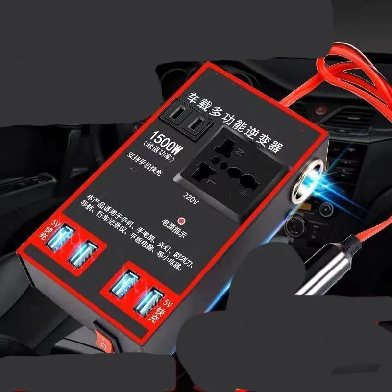 Black automotive power converter for cars transforming 12V/24V to 220V with USB charging ports