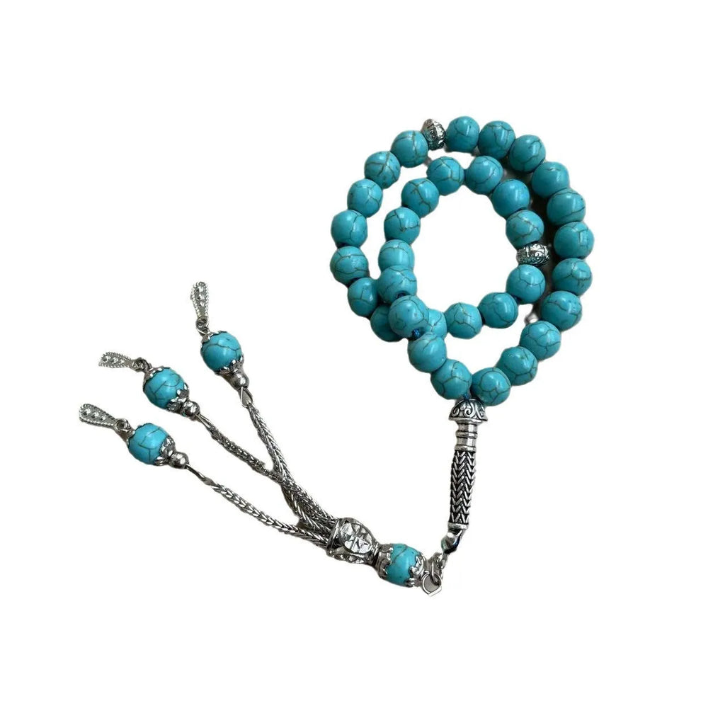 Sky blue stone bead Muslim prayer bracelet with adjustable knot on wrist