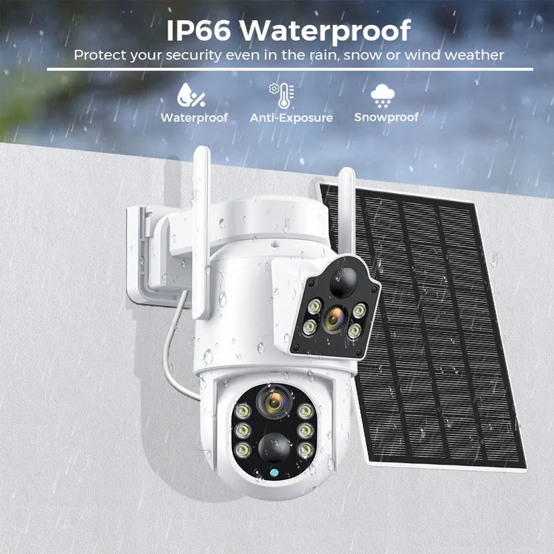 Outdoor solar-powered wireless security camera with solar panel for plug-free monitoring