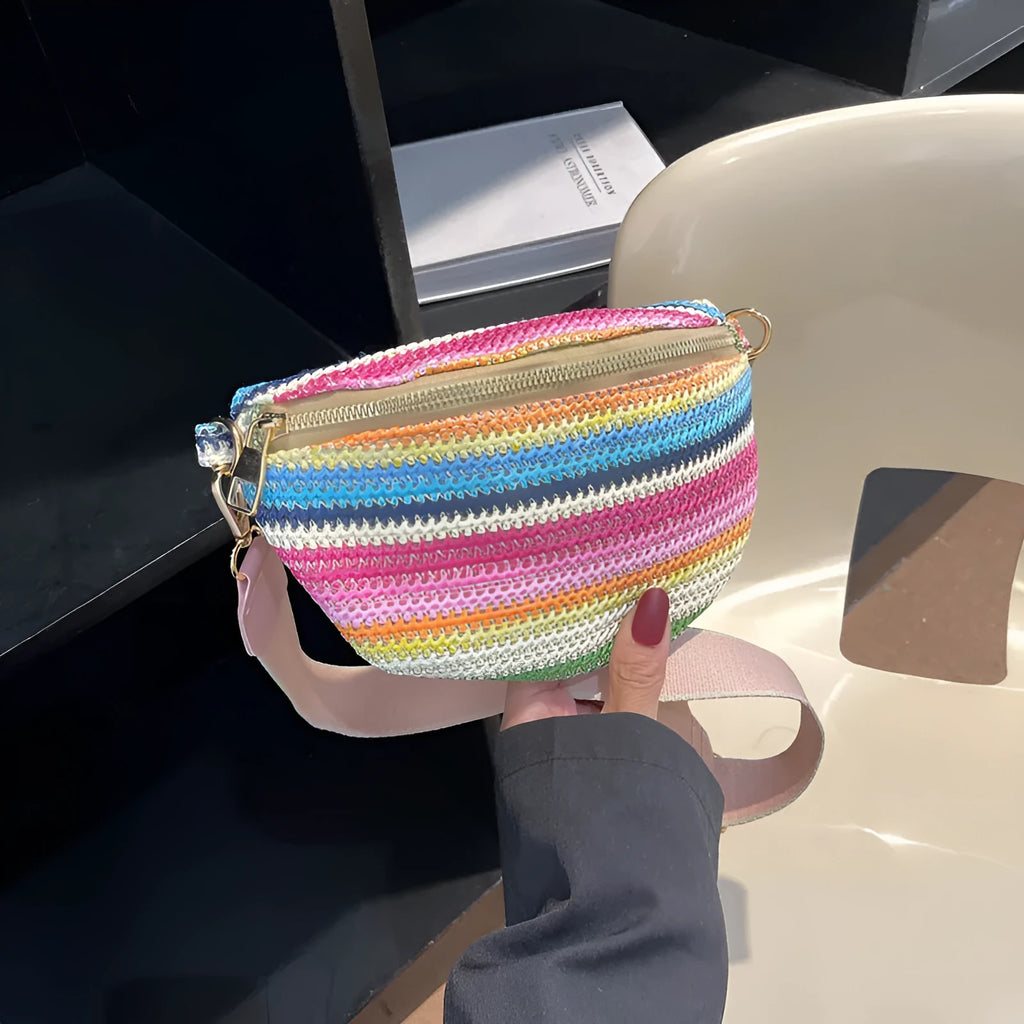 Blue and pink woven straw beach bag with shell shape and single shoulder strap