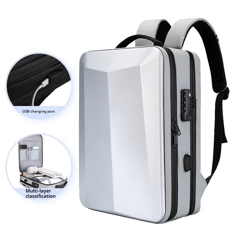 Waterproof black business backpack with curved shoulder straps and laptop compartment