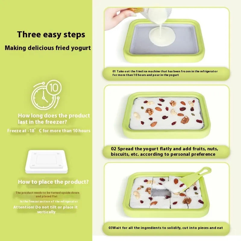 Green DIY fried yoghurt machine for homemade desserts on kitchen counter