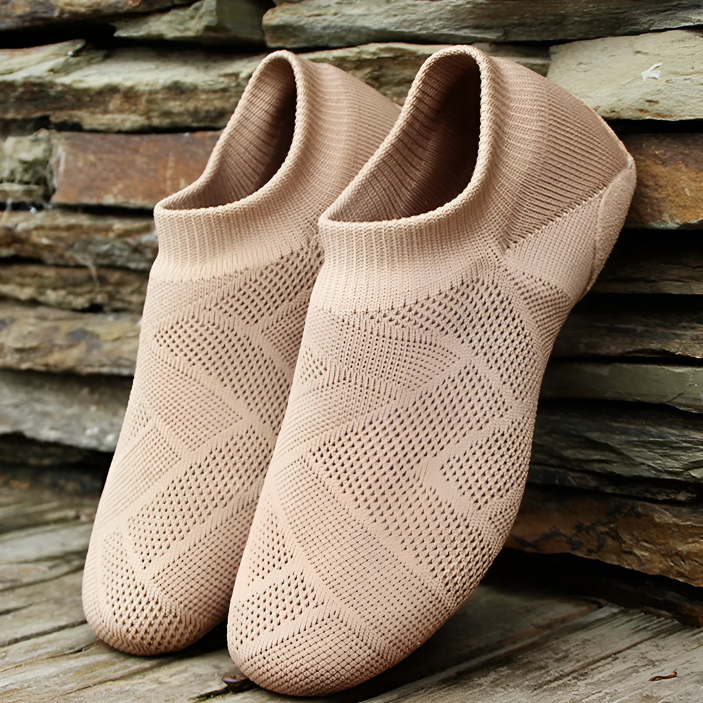 Camel colour contemporary dance yoga shoes with cotton mesh upper and leather sole