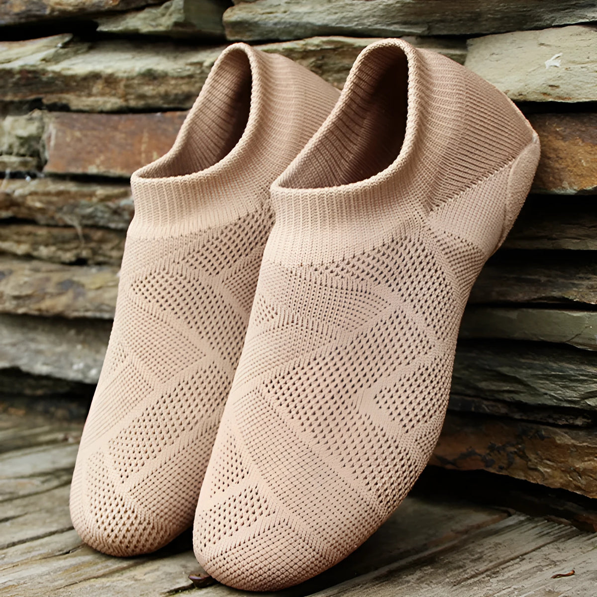 Camel colour contemporary dance yoga shoes with cotton mesh upper and leather sole