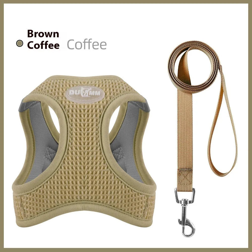 Cloth cat harness with chest strap and integrated hand holding rope in brown colour
