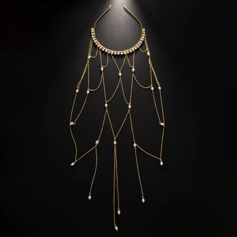 Gold or silver mesh tassel hair chain with pearl details for women