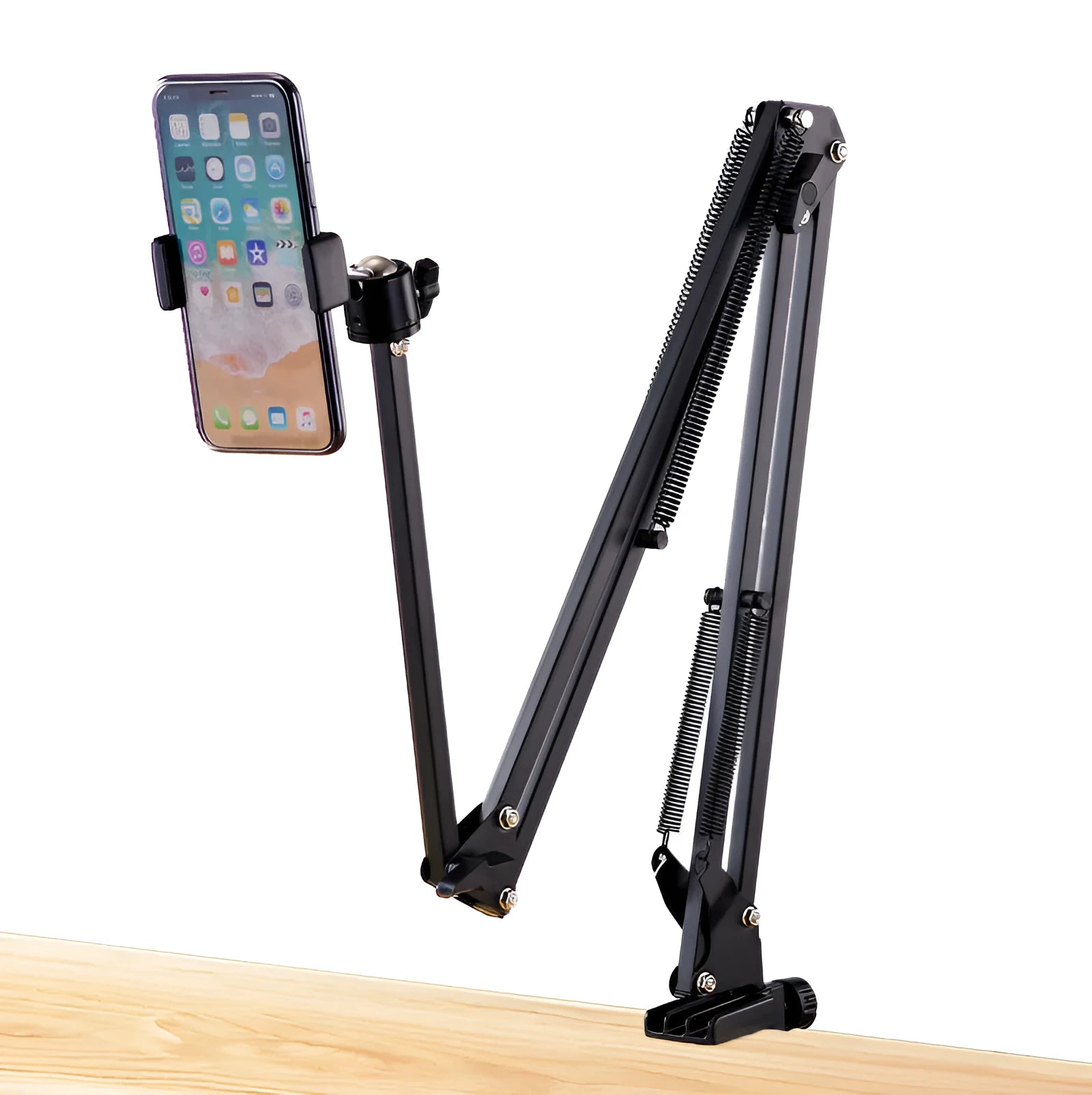 Black foldable metal tablet cantilever bracket with adjustable arm and clamp