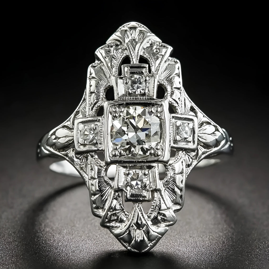Hollow out geometric copper ring with diamond-studded detailing and silver electroplated finish