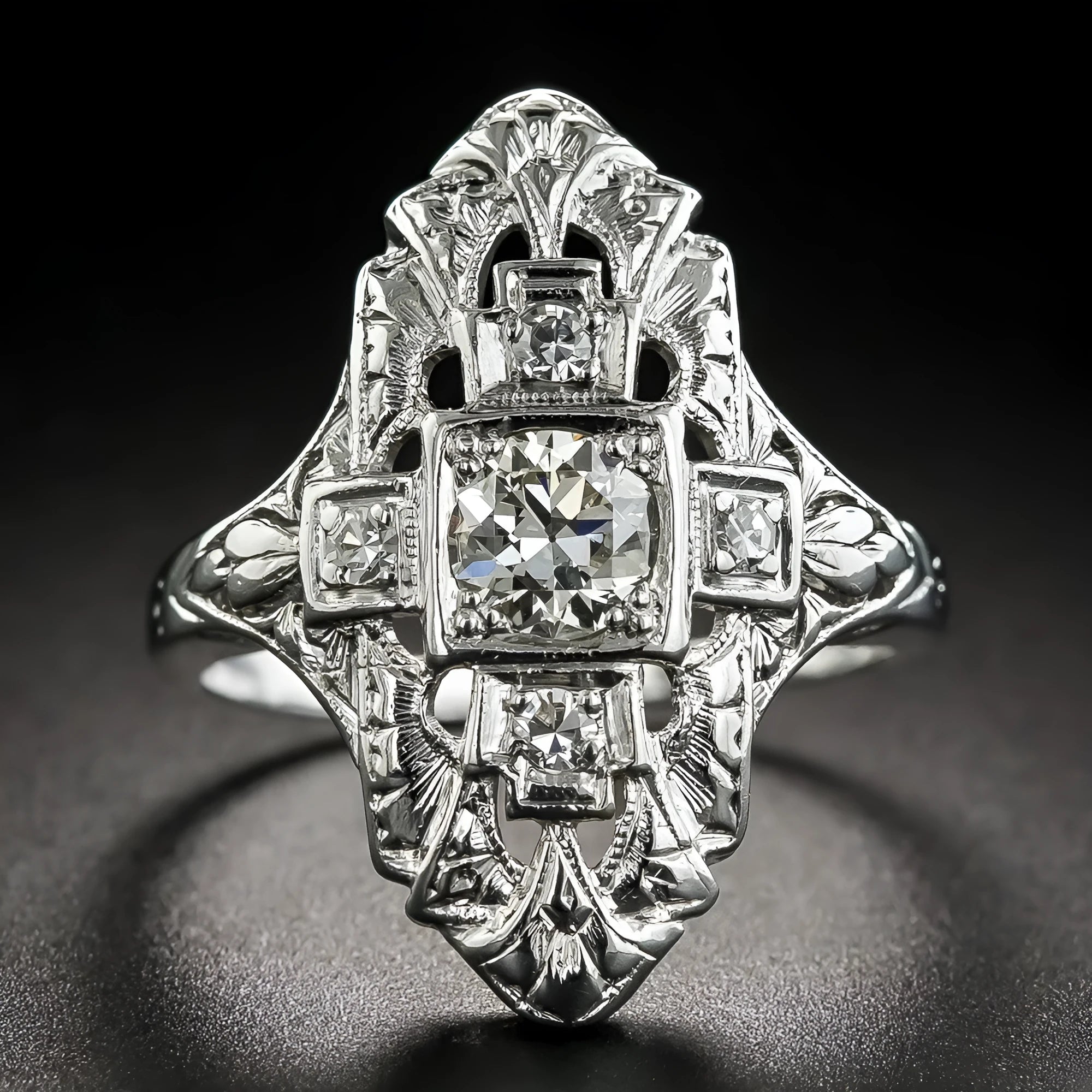 Hollow out geometric copper ring with diamond-studded detailing and silver electroplated finish