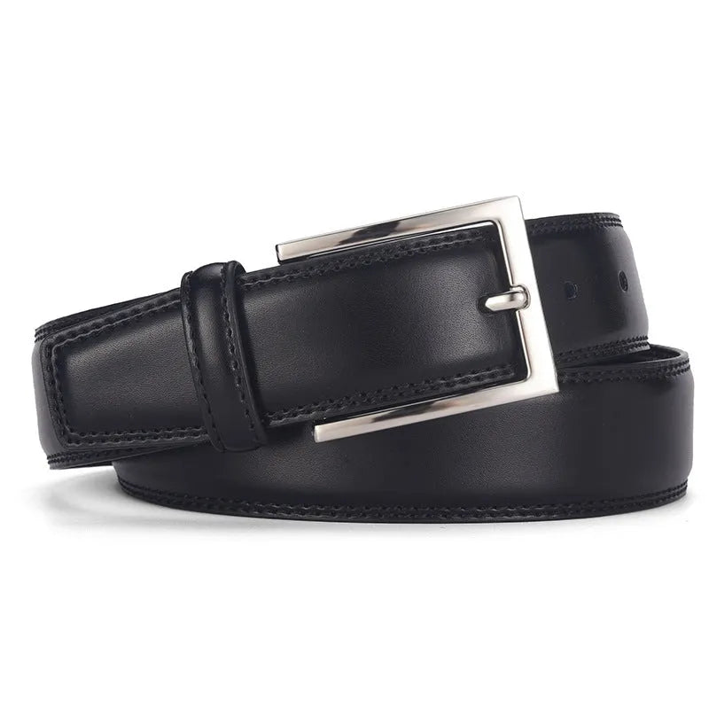Men's black leather belt with a silver alloy pin buckle on a wooden background.