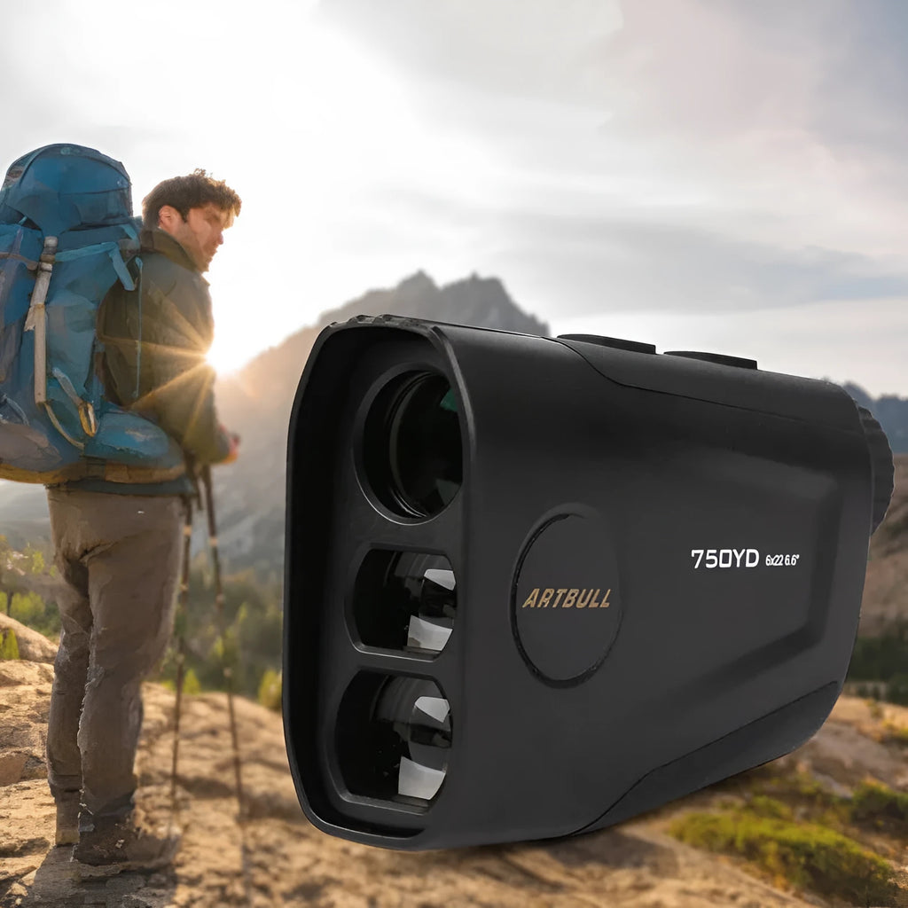 Rechargeable golf laser rangefinder with slope compensation and flag lock function showing LCD display