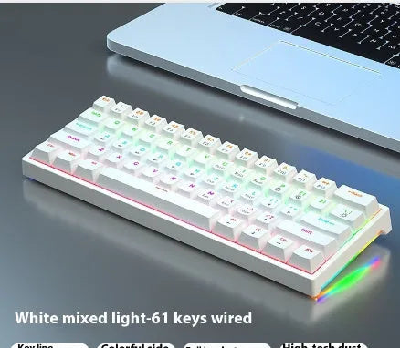 Blue and white 61-key compact mechanical keyboard with hot-swappable switches on black background