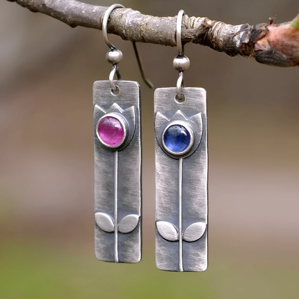 Antique finish red sapphire earrings with geometric ellipse design in retro style