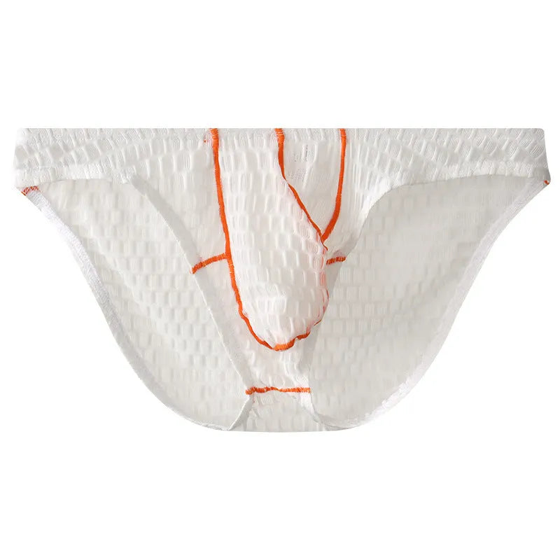 Men's low waist lace briefs in ice silk fabric on solid colour background