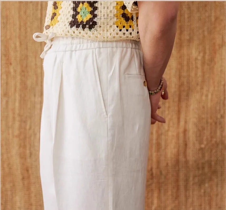 Women's linen high waist trousers with lace trim and elasticated waistband in straight-leg cut